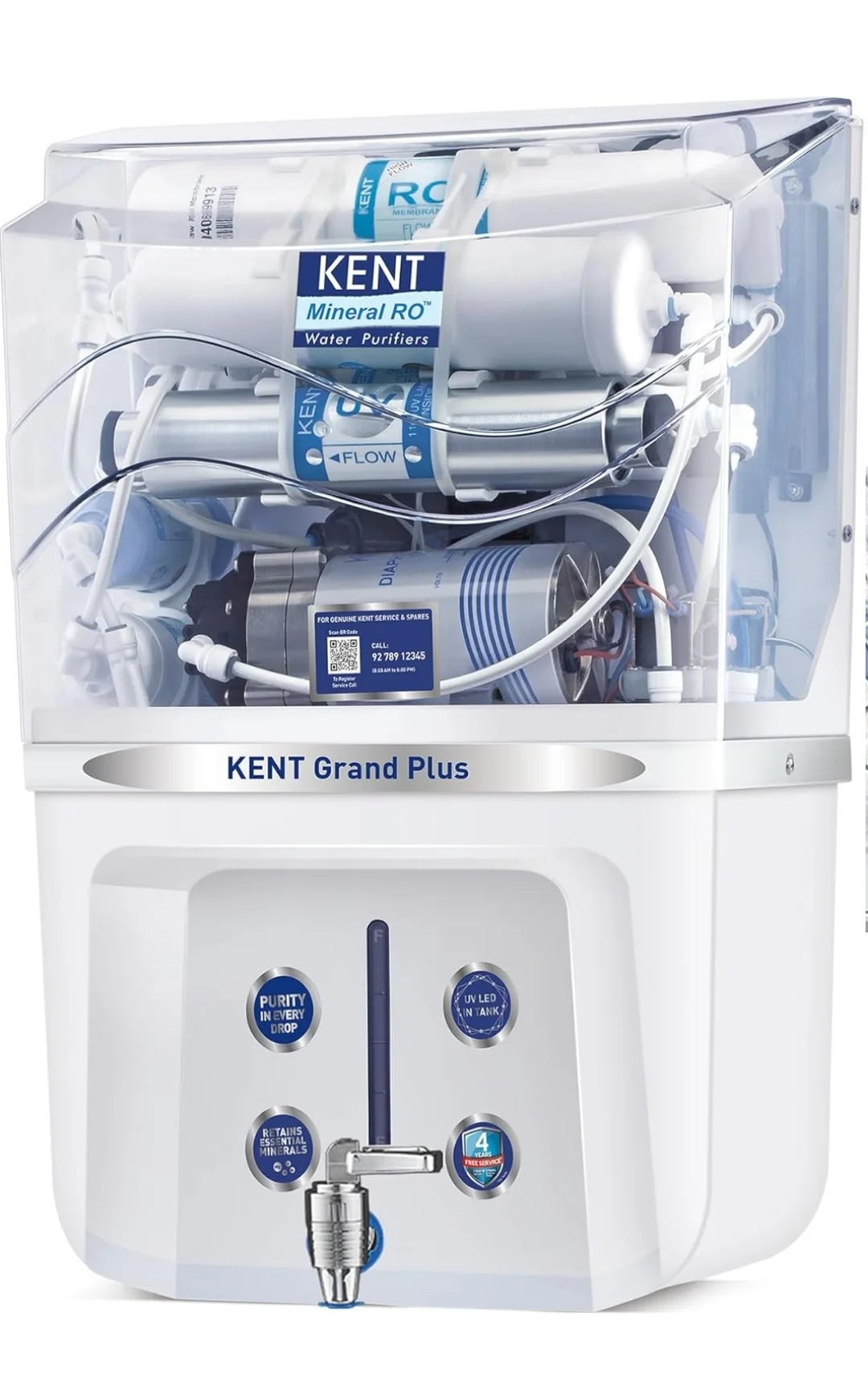 KENT Grand Plus RO Water Purifier | 4 Years Free Service | ISI Marked | Multiple Purification Process | RO + UV + UF + TDS Control + UV LED Tank | 9L Tank | 20 LPH Flow | Zero Water