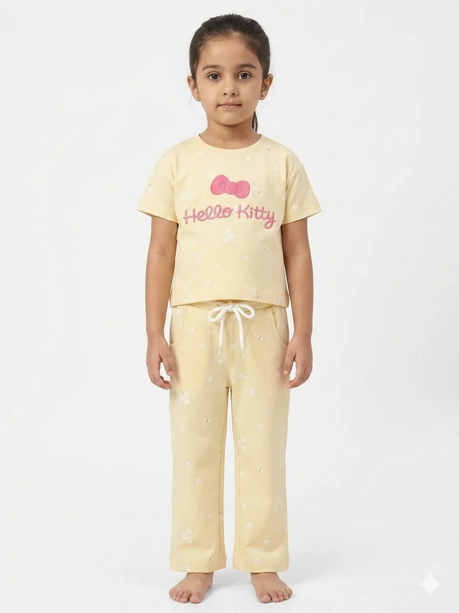 CATFISH GIRLS PRINTED T-SHIRT & TROUSER SET FOR SUMMER WEAR