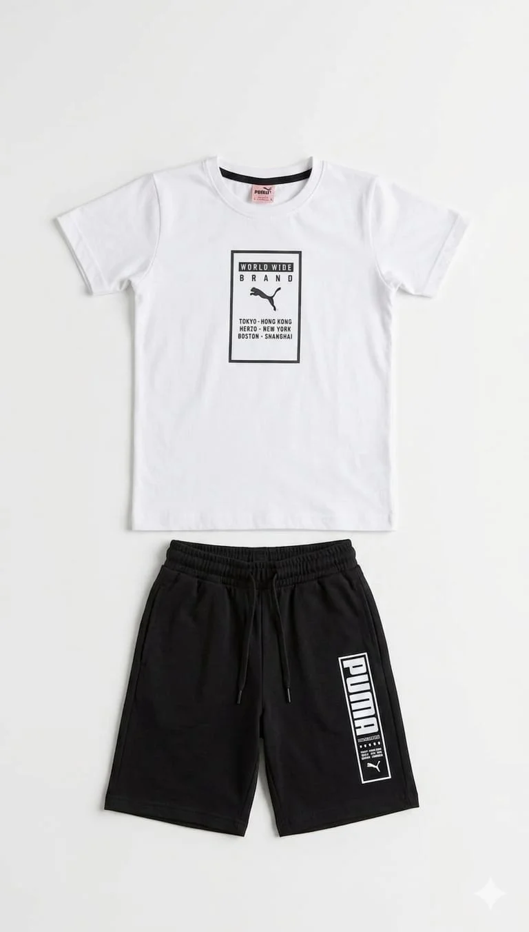 PUMA PRINTED T-SHIRT & MATCHING BLACK SHORTS FOR SUMMER WEAR