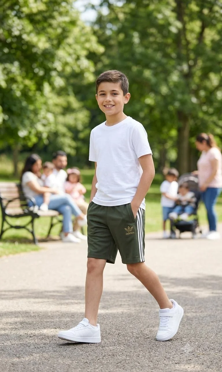 BOYS SPORTS SHORTS FEATURED WHITE ICONIC STRIPES FOR SUMMER WEAR